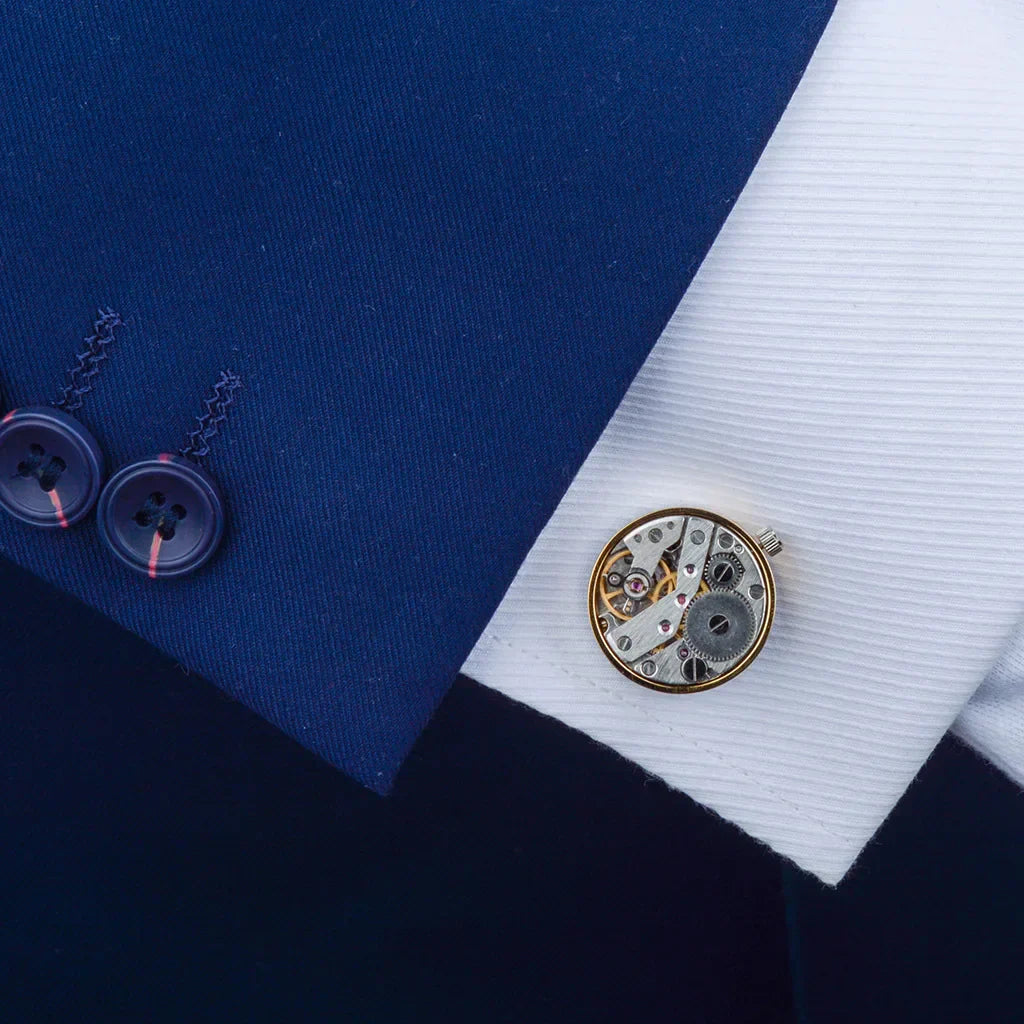 NNEOBA Men's Mechanical Movement Watch Cufflinks Gold