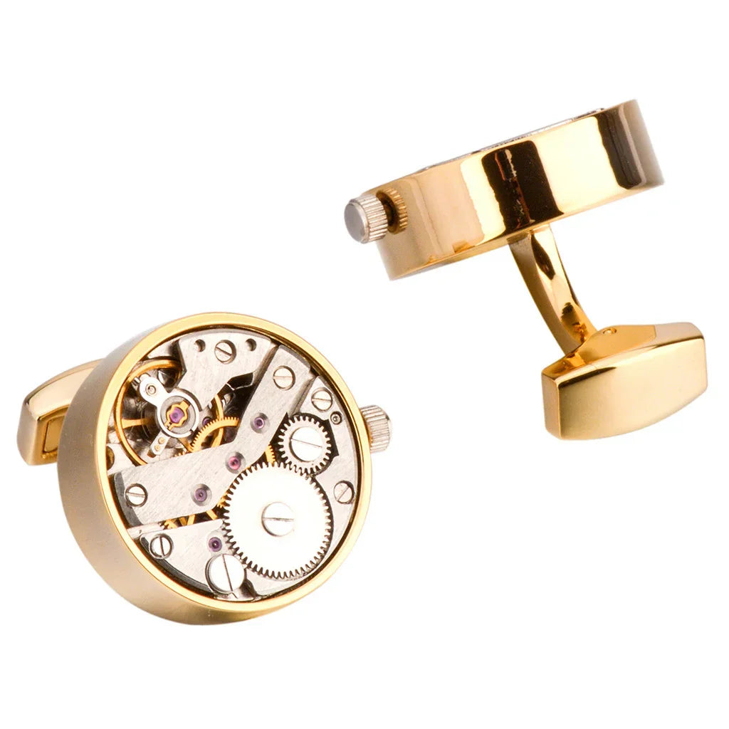 NNEOBA Men's Mechanical Movement Watch Cufflinks Gold