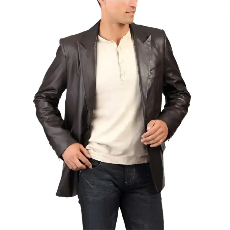 Mens Classic Black Leather Blazer Coat