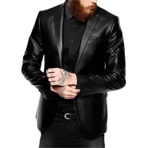 Men’s Elegant Black Leather Blazer Coat